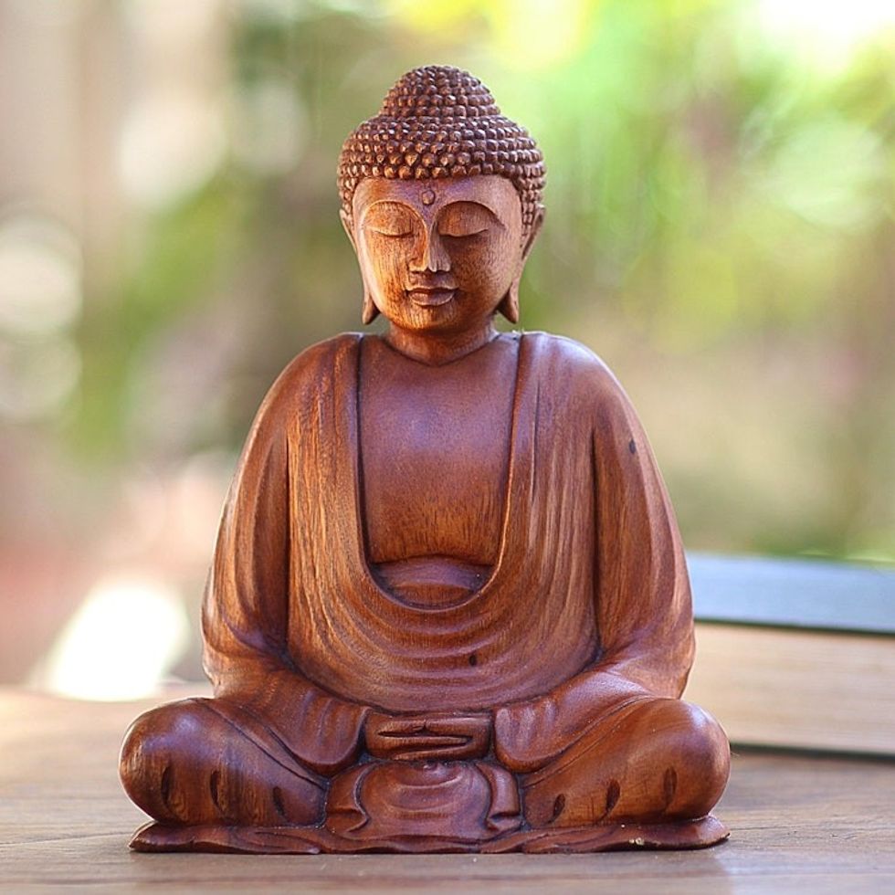 Hand Crafted Balinese Suar Wood Buddha Meditation Statuette 'Serenity Buddha'