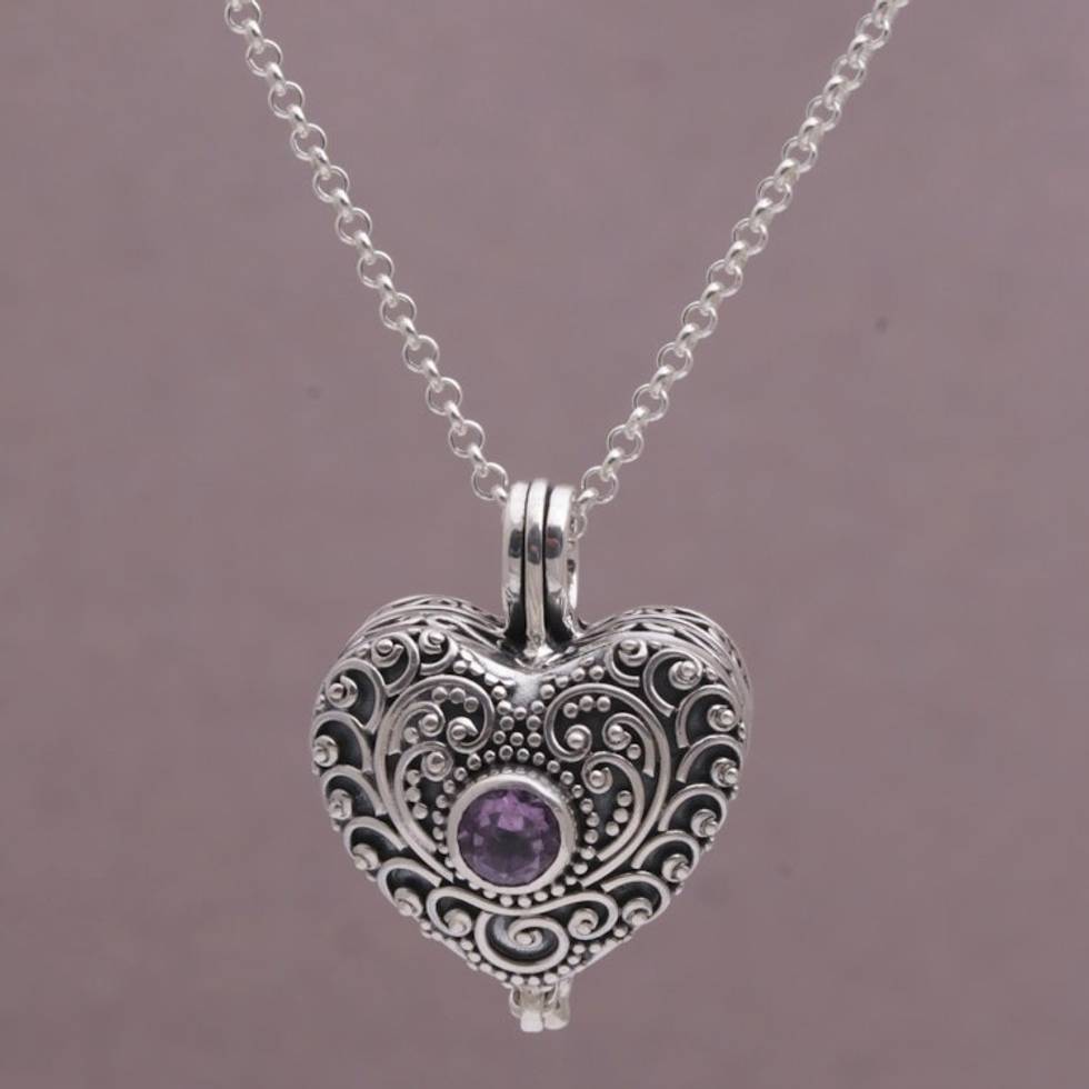 Sterling Silver Heart Shaped Amethyst Locket Necklace 'Solitary Love'
