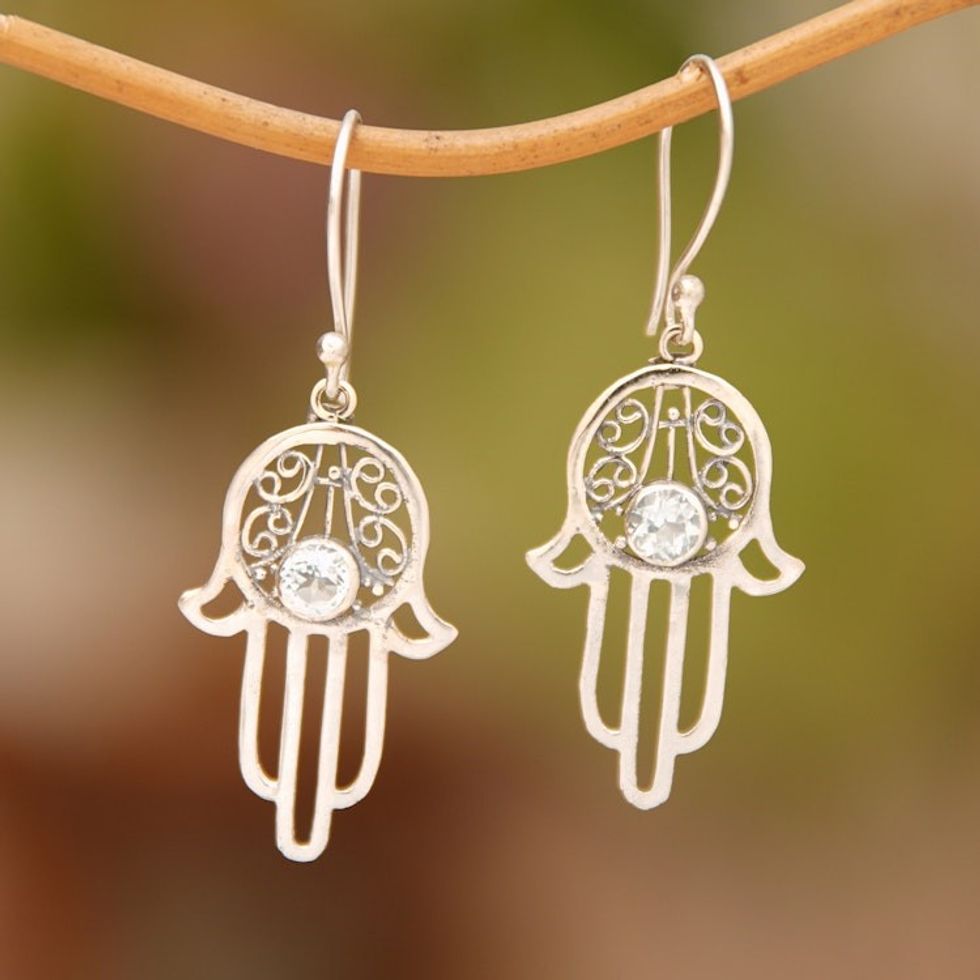 Blue Topaz and Sterling Silver Hamsa Hand Dangle Earrings 'Hamsa Swirls'