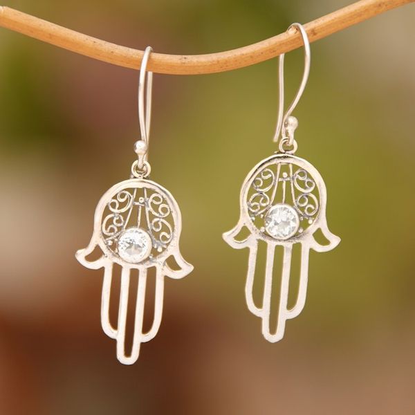 Alternate image for Blue Topaz and Sterling Silver Hamsa Hand Dangle Earrings Hamsa Swirls