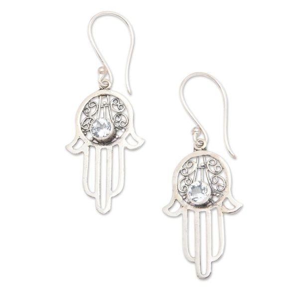 Alternate image for Blue Topaz and Sterling Silver Hamsa Hand Dangle Earrings Hamsa Swirls