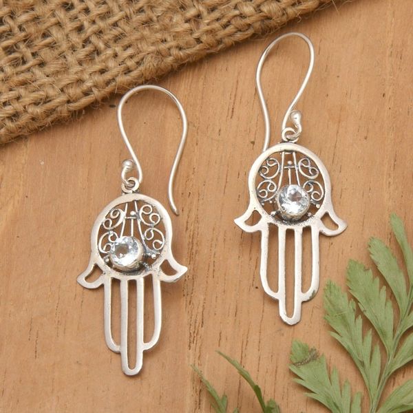 Alternate image for Blue Topaz and Sterling Silver Hamsa Hand Dangle Earrings Hamsa Swirls