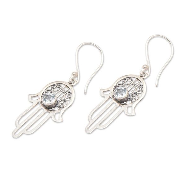 Alternate image for Blue Topaz and Sterling Silver Hamsa Hand Dangle Earrings Hamsa Swirls