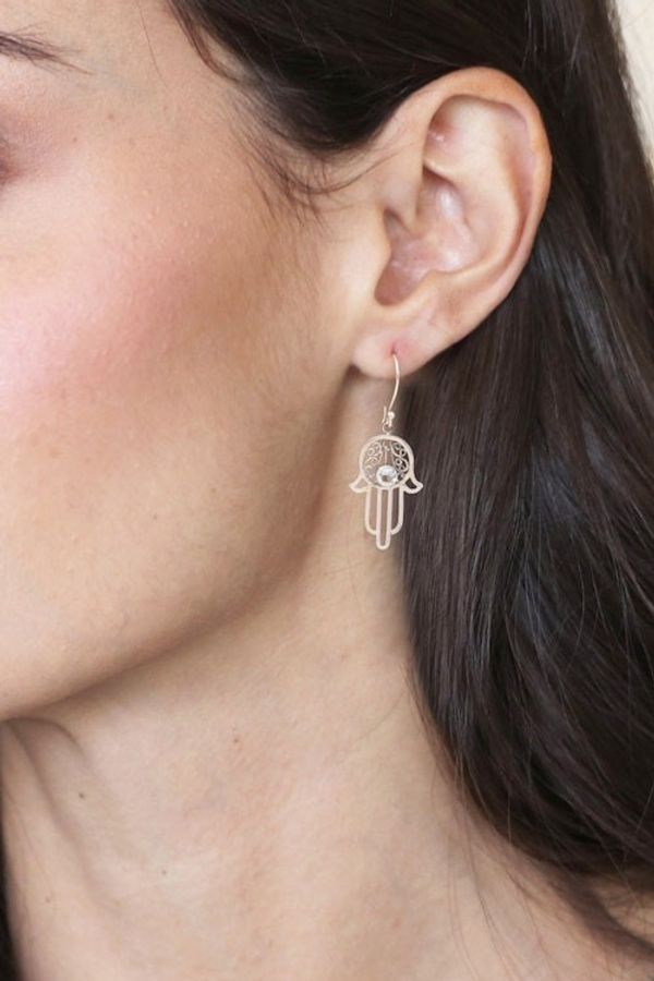 Alternate image for Blue Topaz and Sterling Silver Hamsa Hand Dangle Earrings Hamsa Swirls