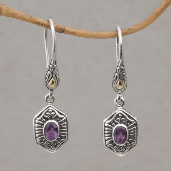 Alternate image for Balinese Amethyst and 925 Silver Earrings with Gold Accents Beacon Fire