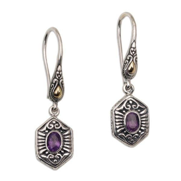 Alternate image for Balinese Amethyst and 925 Silver Earrings with Gold Accents Beacon Fire
