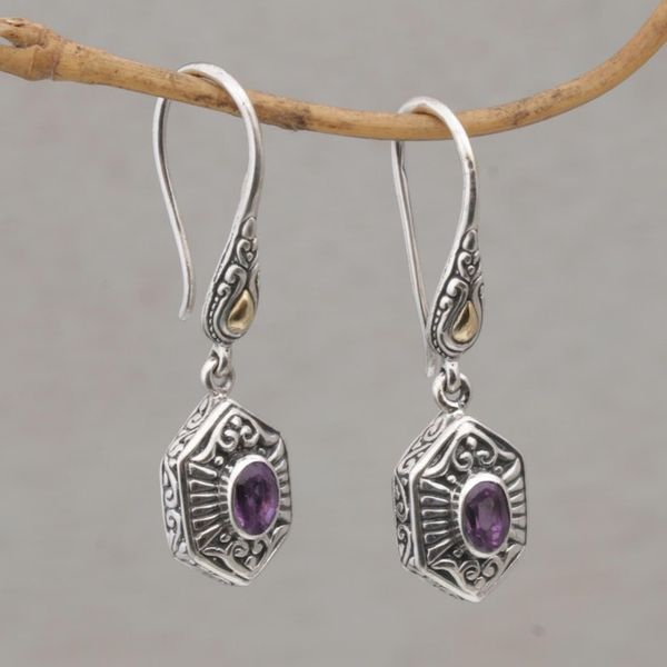 Alternate image for Balinese Amethyst and 925 Silver Earrings with Gold Accents Beacon Fire