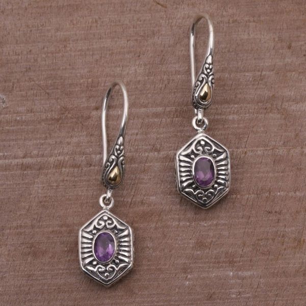 Alternate image for Balinese Amethyst and 925 Silver Earrings with Gold Accents Beacon Fire