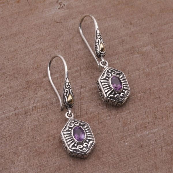 Alternate image for Balinese Amethyst and 925 Silver Earrings with Gold Accents Beacon Fire