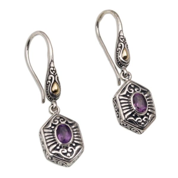 Alternate image for Balinese Amethyst and 925 Silver Earrings with Gold Accents Beacon Fire