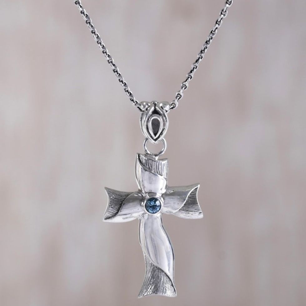Blue Topaz and Sterling Silver Cross Necklace from Bali 'Blue Faith'