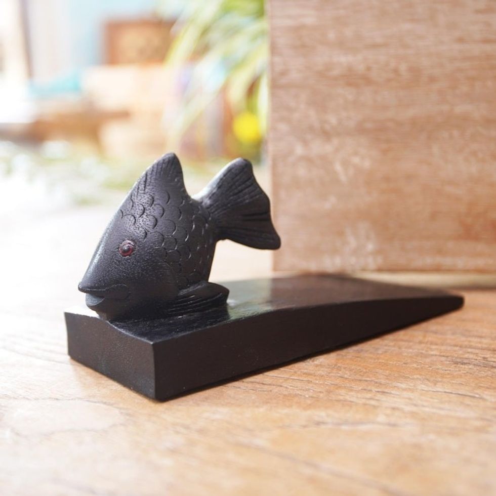 Handcrafted Suar Wood Fish Doorstop in Black from Bali 'Helpful Goldfish in Black'