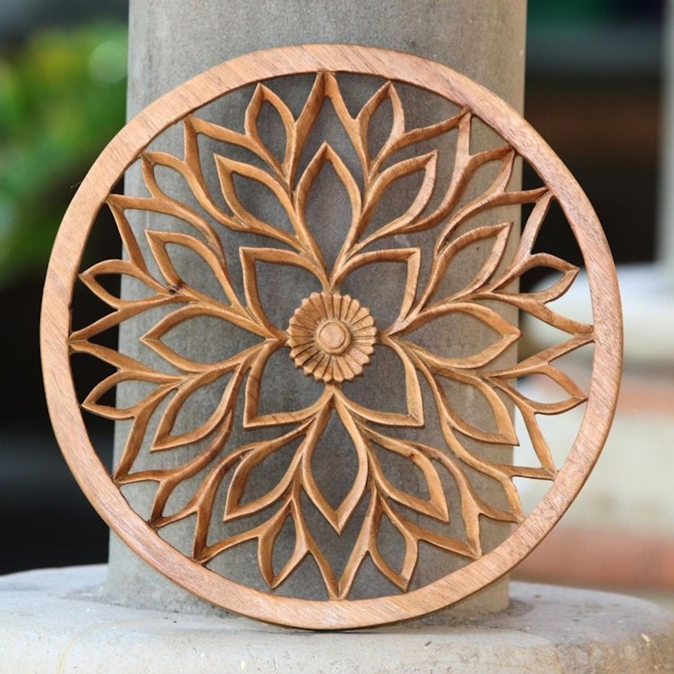 Handcrafted Suar Wood Floral Relief Panel from Bali 'Petaled Energy'