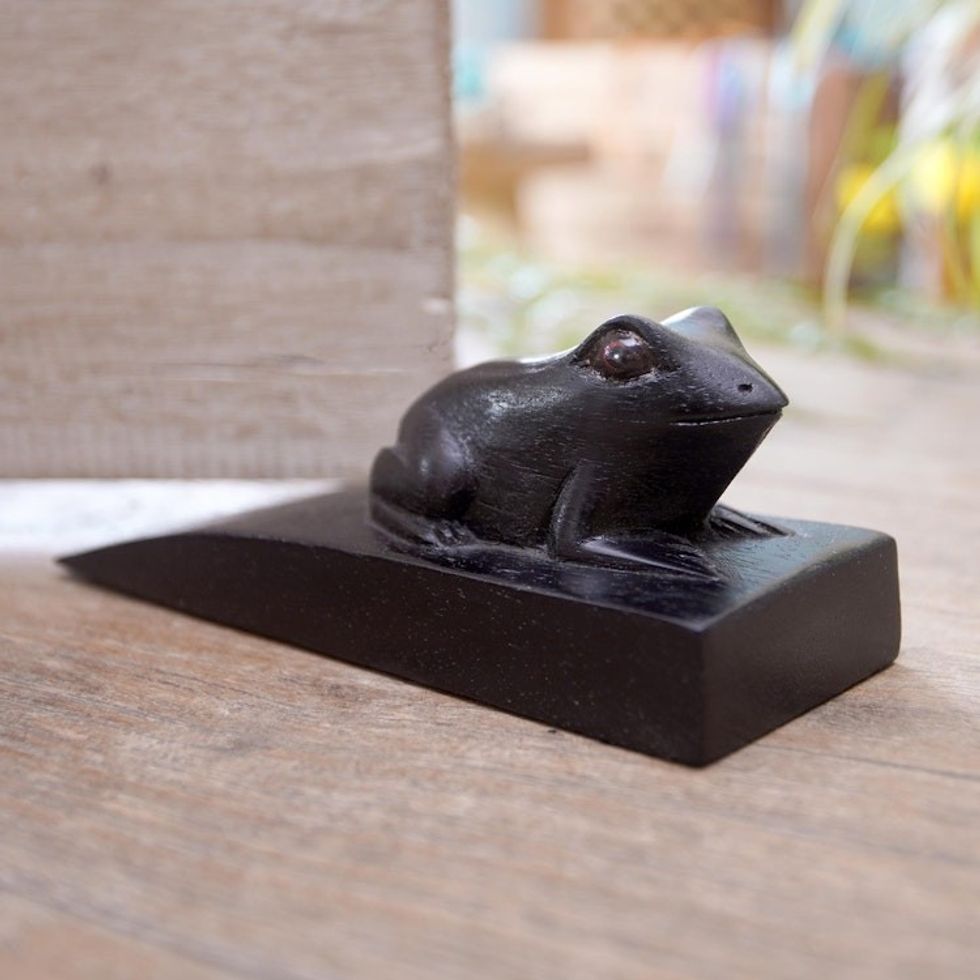 Handcrafted Suar Wood Toad Doorstop in Black from Bali 'Helpful Toad in Black'