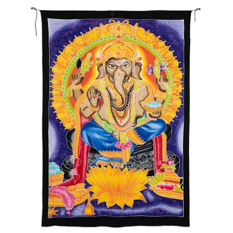 Ganesha-Themed Batik Rayon Wall Hanging from Bali 'Ganesha Glow'