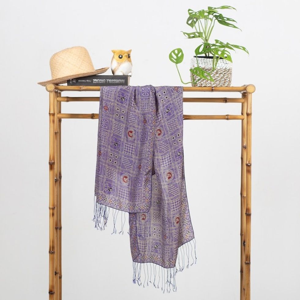 Handcrafted Fringed Batik Silk Shawl in Iris from Bali 'Ceplok Temple in Iris'