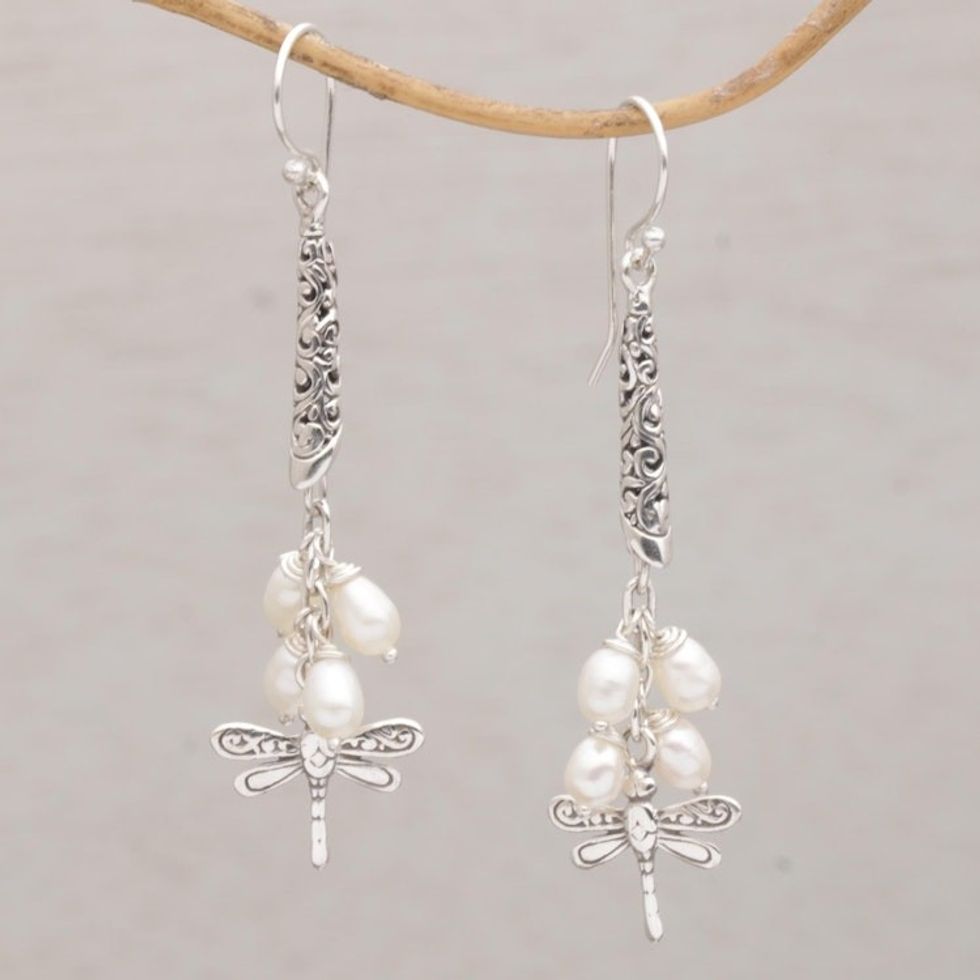 Handcrafted Balinese 925 Silver and Cultured Pearl Earrings 'Island Dragonflies'