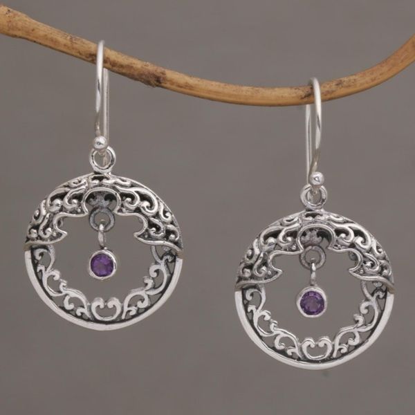 Alternate image for Ornate Sterling Silver Balinese Earrings with Amethyst Uluwatu Moon