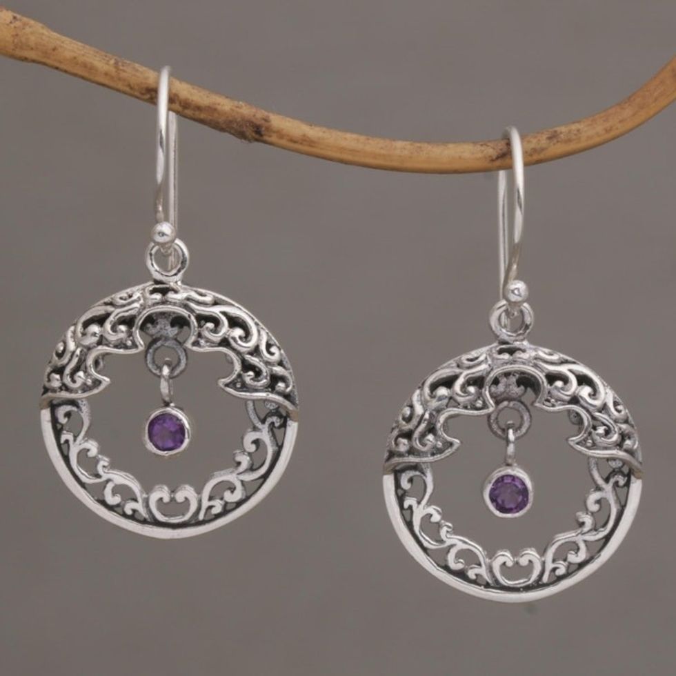 Ornate Sterling Silver Balinese Earrings with Amethyst 'Uluwatu Moon'