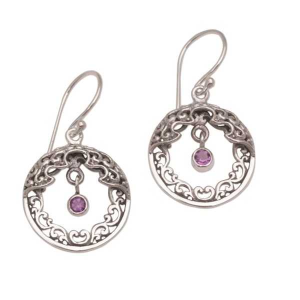 Alternate image for Ornate Sterling Silver Balinese Earrings with Amethyst Uluwatu Moon