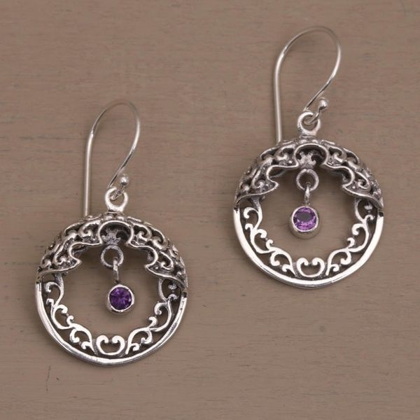 Alternate image for Ornate Sterling Silver Balinese Earrings with Amethyst Uluwatu Moon