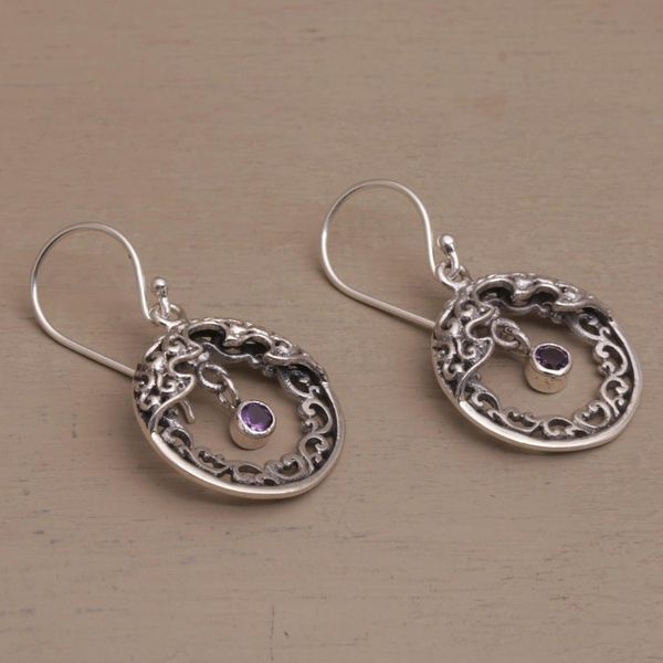 Alternate image for Ornate Sterling Silver Balinese Earrings with Amethyst Uluwatu Moon