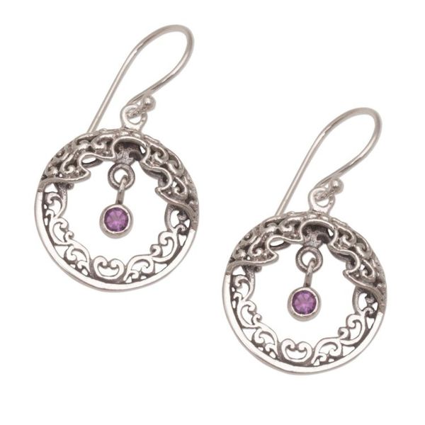 Alternate image for Ornate Sterling Silver Balinese Earrings with Amethyst Uluwatu Moon