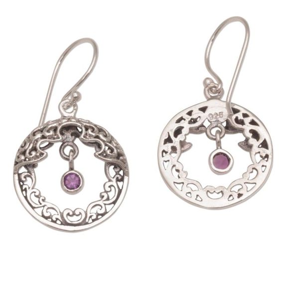 Alternate image for Ornate Sterling Silver Balinese Earrings with Amethyst Uluwatu Moon