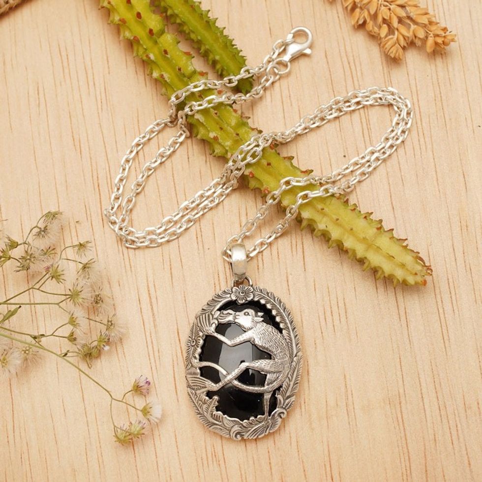 Onyx and 925 Silver Lemur Pendant Necklace from Bali 'Lemur Jungle'