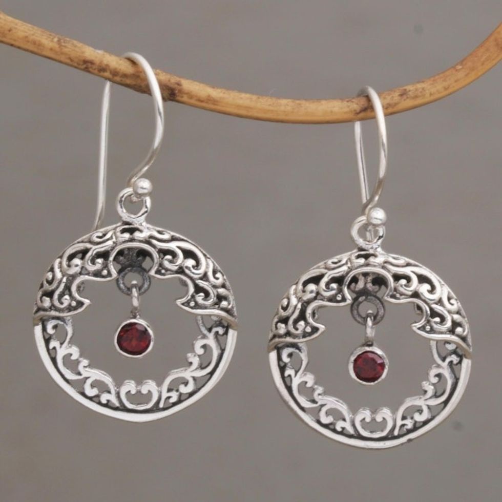 Ornate Balinese Earrings in Sterling Silver and Garnet 'Uluwatu Moon'