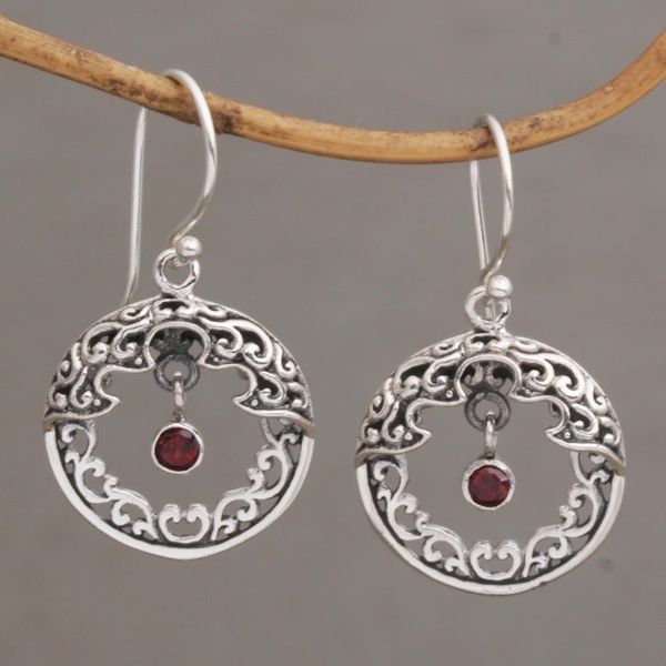 Alternate image for Ornate Balinese Earrings in Sterling Silver and Garnet Uluwatu Moon