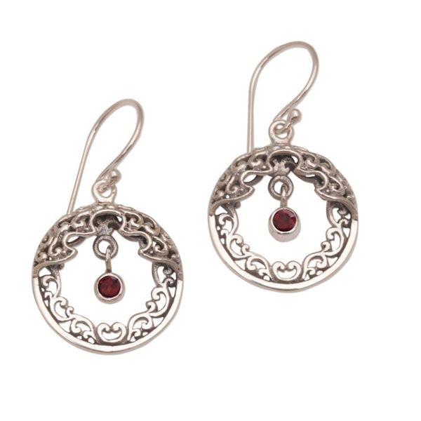 Alternate image for Ornate Balinese Earrings in Sterling Silver and Garnet Uluwatu Moon