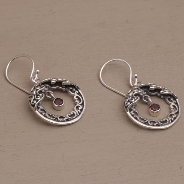 Alternate image for Ornate Balinese Earrings in Sterling Silver and Garnet Uluwatu Moon
