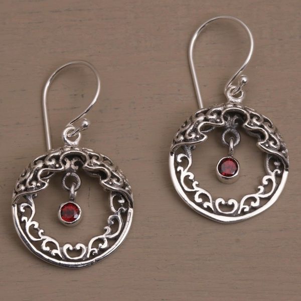 Alternate image for Ornate Balinese Earrings in Sterling Silver and Garnet Uluwatu Moon