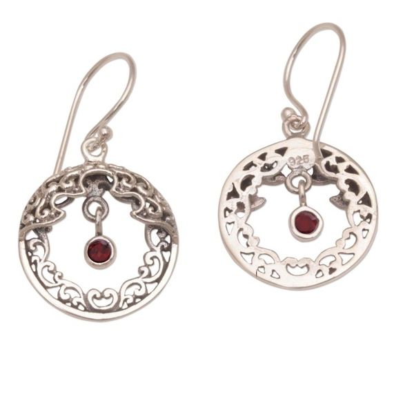 Alternate image for Ornate Balinese Earrings in Sterling Silver and Garnet Uluwatu Moon