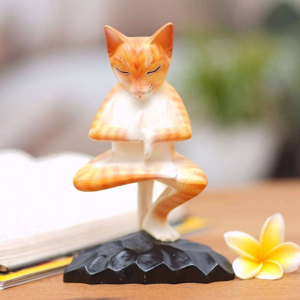 Meditating Wood Cat Statuette in Orange and White from Bali 'Yoga Kitty in Orange'