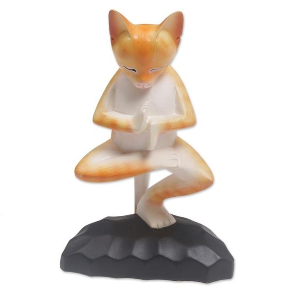 Alternate image for Meditating Wood Cat Statuette in Orange and White from Bali Yoga Kitty in Orange