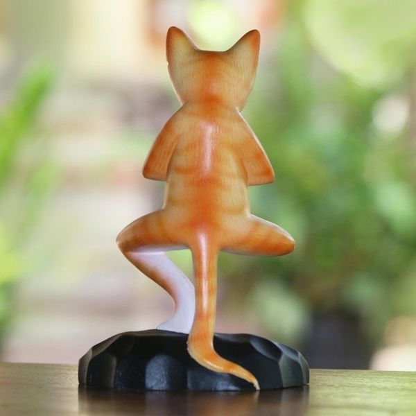 Alternate image for Meditating Wood Cat Statuette in Orange and White from Bali Yoga Kitty in Orange