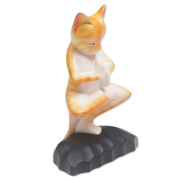 Alternate image for Meditating Wood Cat Statuette in Orange and White from Bali Yoga Kitty in Orange