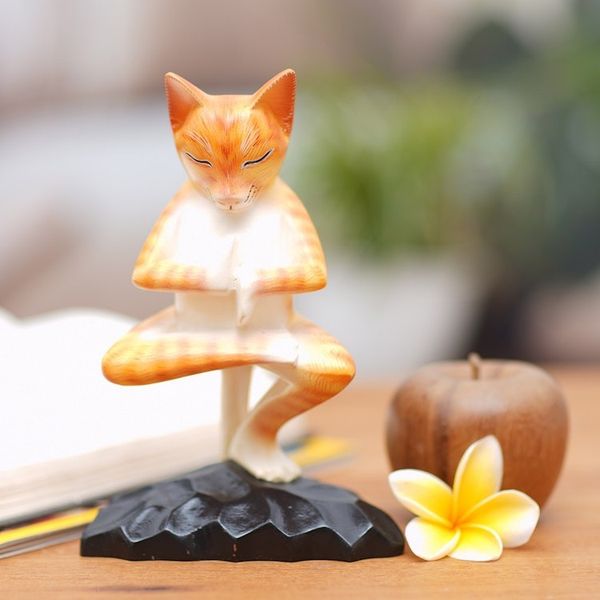Alternate image for Meditating Wood Cat Statuette in Orange and White from Bali Yoga Kitty in Orange