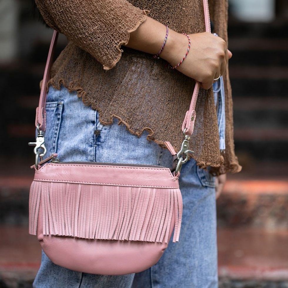 Fringed Petal Pink Leather Sling Handbag 'Pink Dancer'