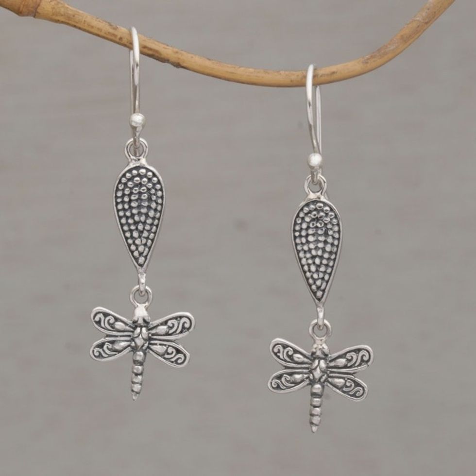 Handmade 925 Sterling Silver Dragonfly Dangle Earrings 'Free Flying'
