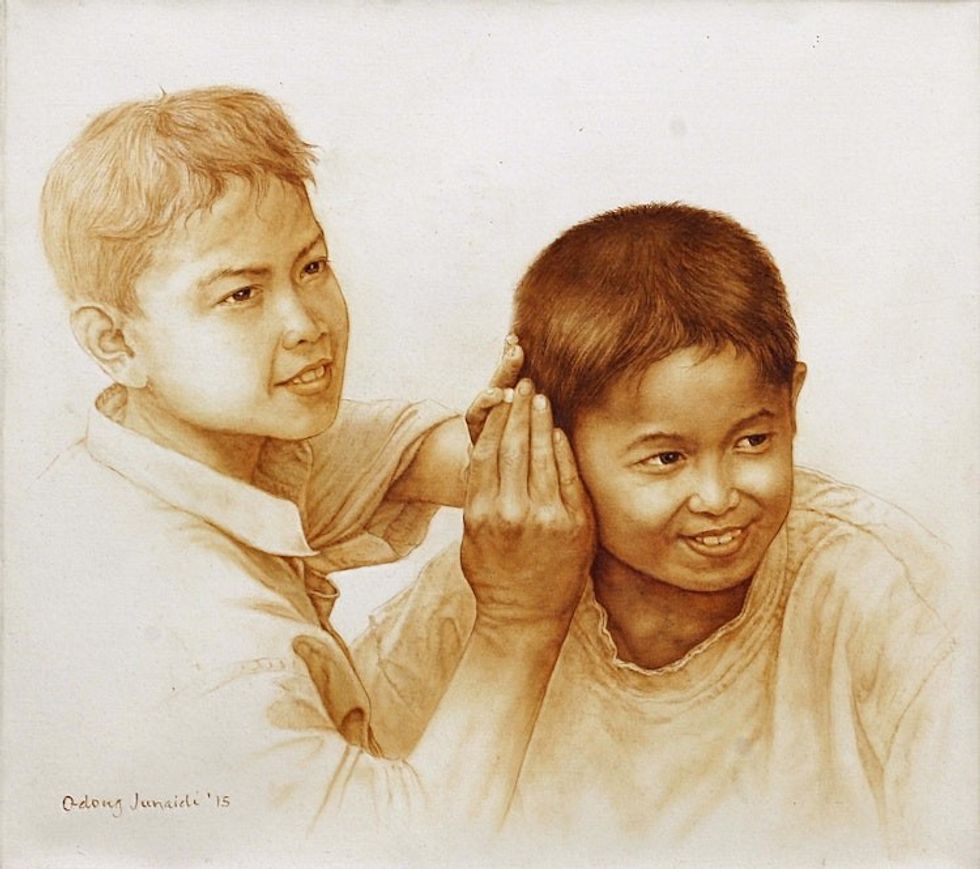Original Oil Portrait of Two Mischievous Boys from Bali 'Filter'
