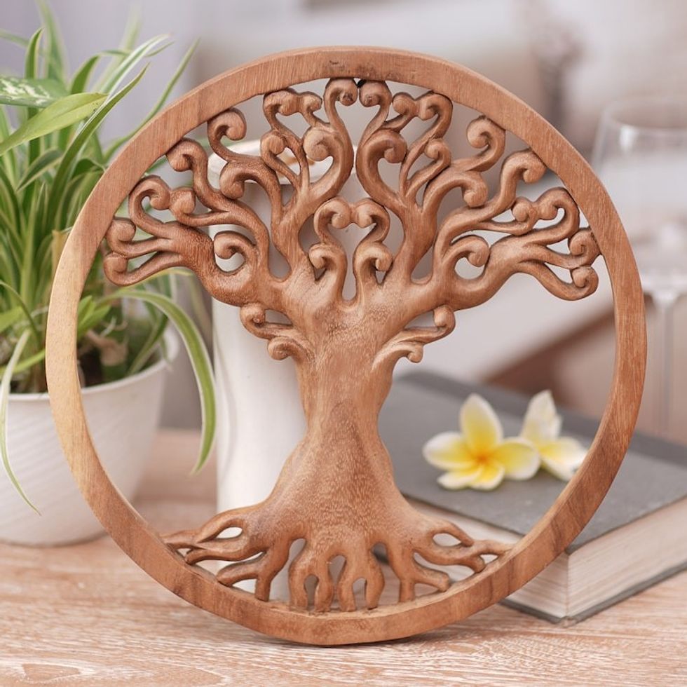 Hand Carved Wood Relief Panel of a Surreal Balinese Tree 'Tangled Tree'