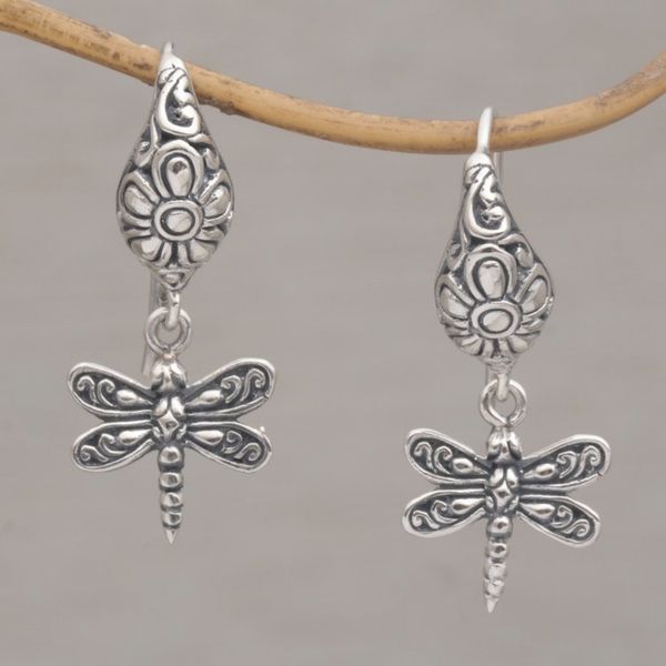 Alternate image for Handmade Balinese Sterling Silver Dragonfly Dangle Earrings Dragonfly Delight