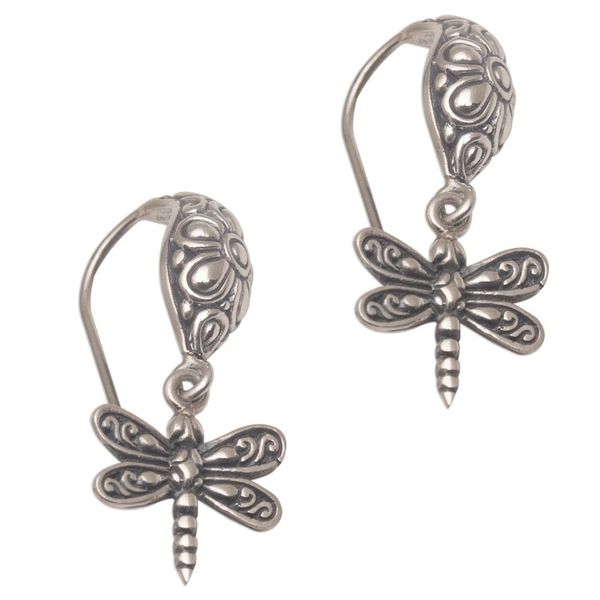 Alternate image for Handmade Balinese Sterling Silver Dragonfly Dangle Earrings Dragonfly Delight