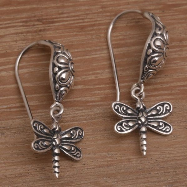 Alternate image for Handmade Balinese Sterling Silver Dragonfly Dangle Earrings Dragonfly Delight