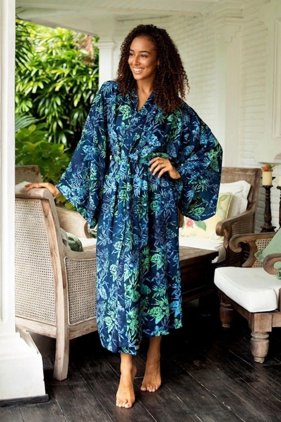 Navy and Green Batik Print Long Sleeved Rayon Robe with Belt 'Bedugul Dusk'