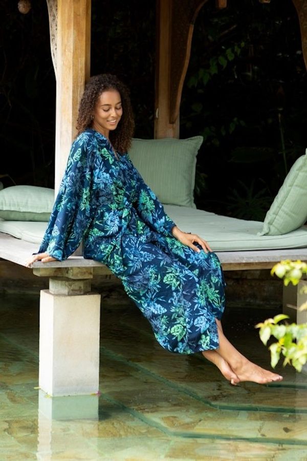 Alternate image for Navy and Green Batik Print Long Sleeved Rayon Robe with Belt Bedugul Dusk