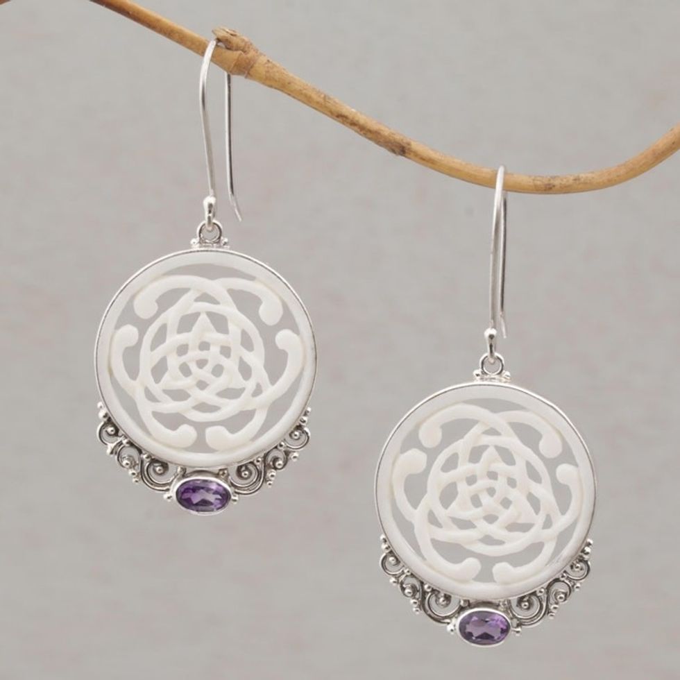 Celtic Motif Bone Earrings with Amethyst and Silver 'Realm of Light'